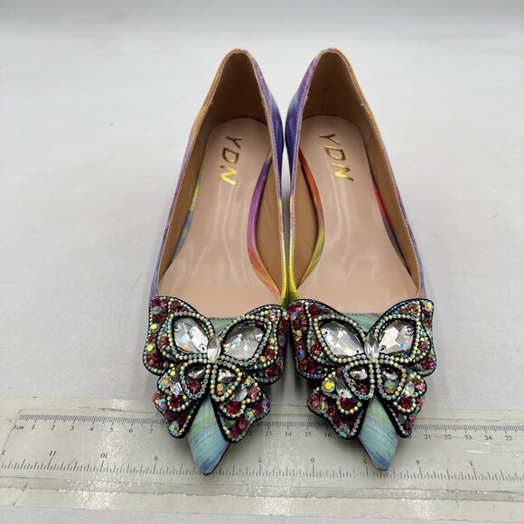 YDN Multi Pointed Toe Bow Pump Colorful Rhinestone Block Low Heel Butterfly Shoe - Picture 3 of 8